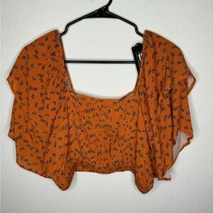 CHASER Ruffle Sleeve Orange Floral Crop Top NWT